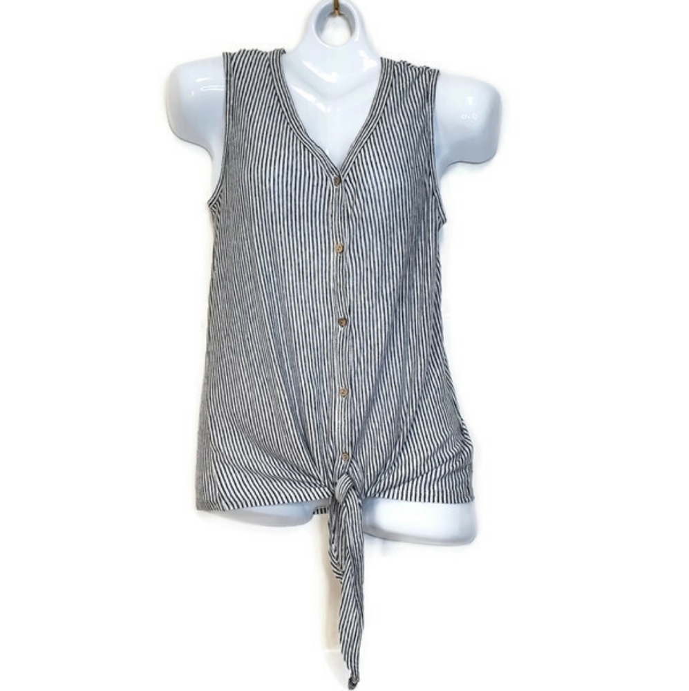 Rachel Roy Top Women S 100% Linen Blue White Striped Button Up Sleeveless